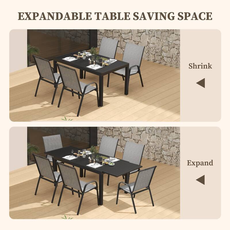 Extendable Patio Dining Table for 6-10 Person, Rectangle Aluminum Table with 1.8" Umbrella Hole for Backyard