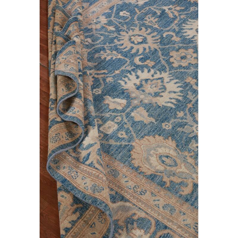 Hand Knotted Oriental 100% Wool Carpet Transitional All-Over Navy Blue & Blues Oushak Area Rug - 13' 11'' X 10' 1''