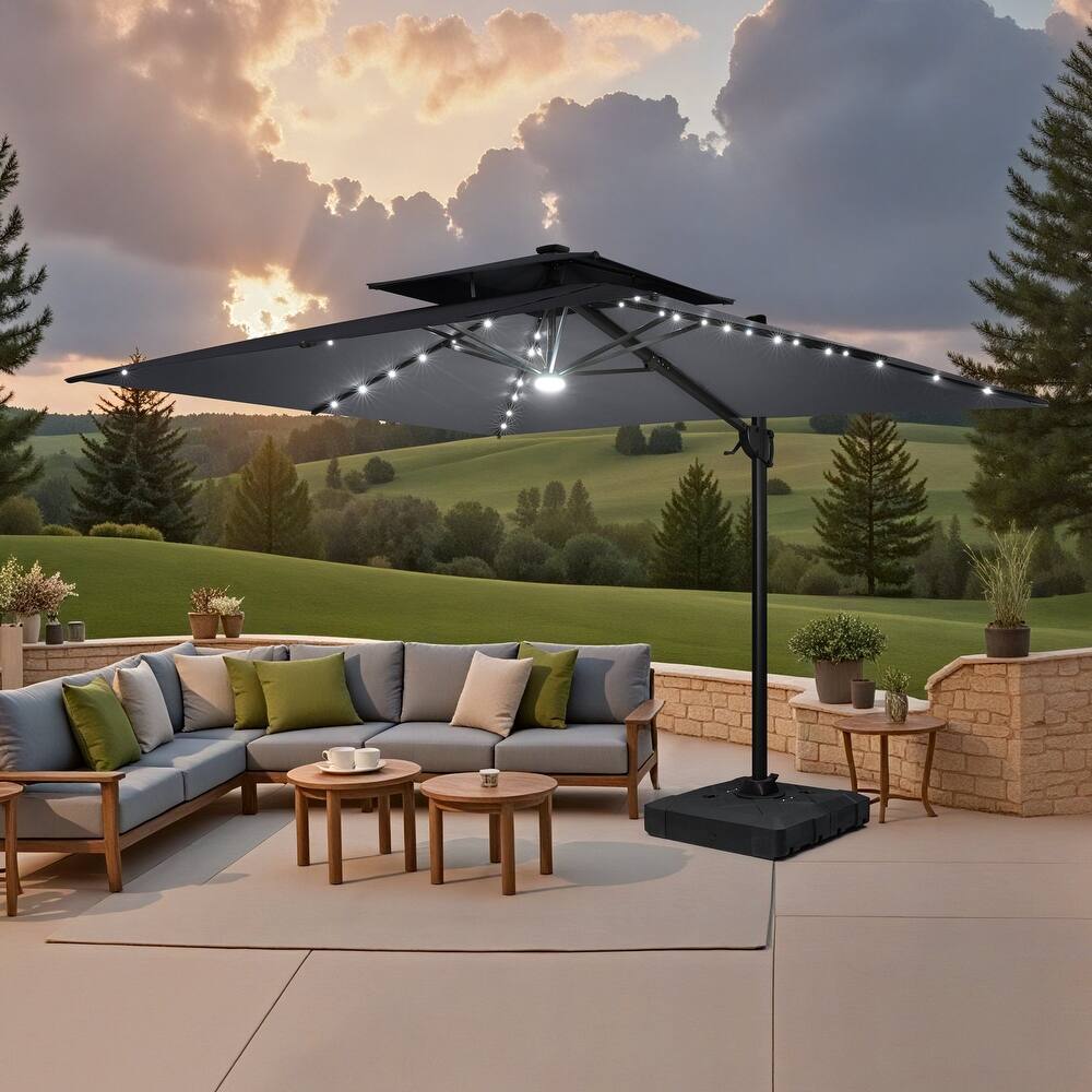 9 x 11 FT Outdoor Double Top LED Lighted Patio Cantilever Umbrella with Base Stand