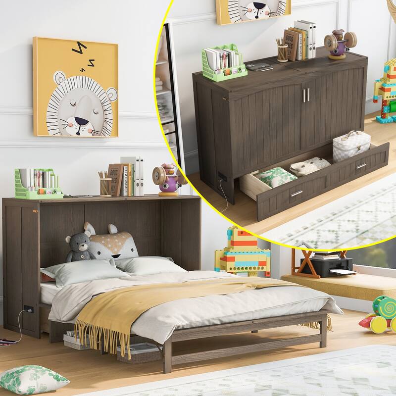 Antique Grey Queen Murphy Bed with USB Charging Station and Storage Drawer, Space-Saving Bed for Guest Rooms or Small Spaces