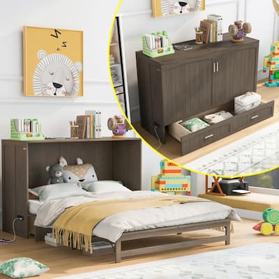 Grey Antique Queen Murphy Bed in Pine Wood with Charging Station and Storage Drawer