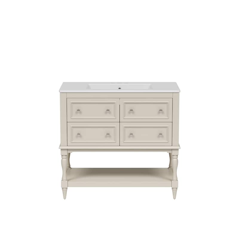 Free Standing Bathroom Vanity Cabinet with Sink, 4 Drawers, Solid Wood Frame, Silver Metal Knobs and Large Open Storage Shelf