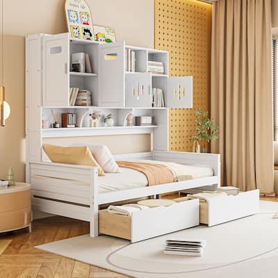 Twin Size Daybed with Bookcase Headboard and Shelves, Wooden Platform Bed Frame with 2 Drawers and All-in-One Storage Cabinet