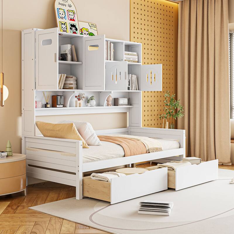 Twin Size Wooden Daybed with 2 Drawers, All-in-One Cabinet and Shelf for Bedroom
