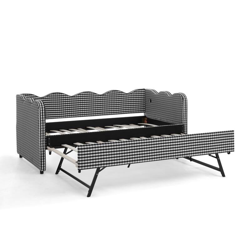 Twin Size Gingham Daybed Upholstered Sofa Bed with Trundle, Wave Shaped Armrest & Backrest, USB Port, No Box Spring Needed