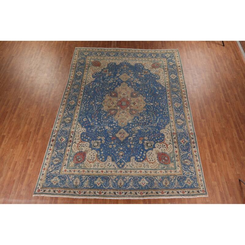 Tabriz Vintage Persian Area Rug Hand-Knotted Blue Wool Carpet - 9'10" x 13'5"
