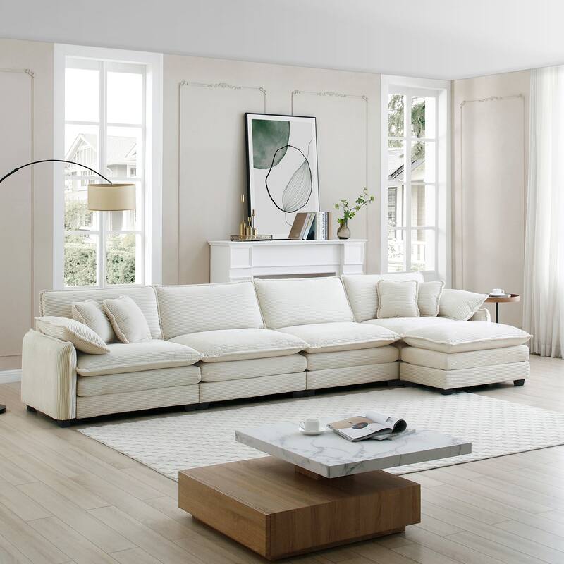 5-piece Oversized Corduroy Upholstered L-Shaped Modular Sectional Sofa with Removable Ottoman and Free Combination