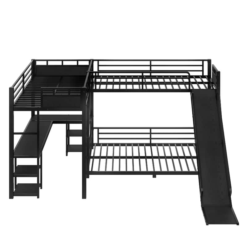 L-shaped Triple Bunk Bed with Loft Bed and Bunk Bed, Metal Storage Bed Frame with Integrated Desk, Open Shelves and Slide