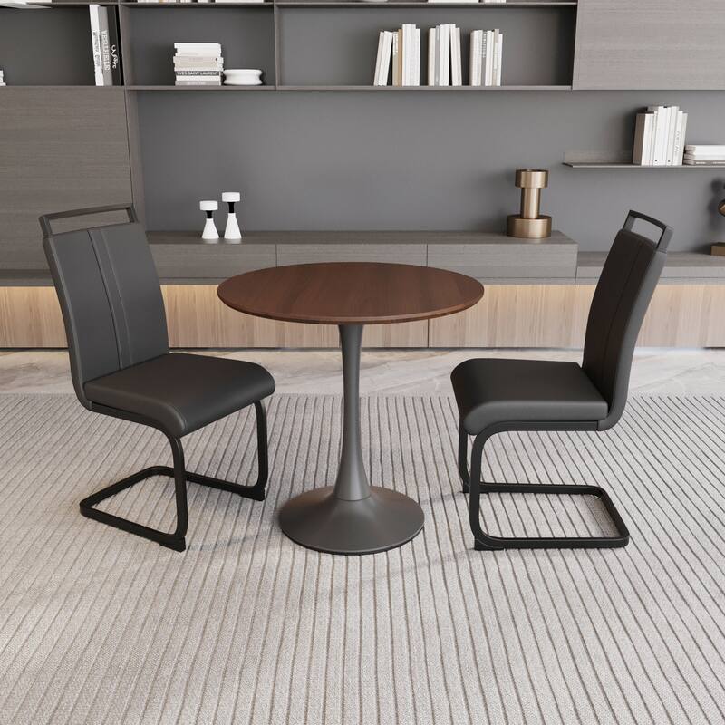 Modern Round Kitchen Table Set with 2 Black PU Upholstered Chairs, Walnut Table & Chairs Set Bar Set