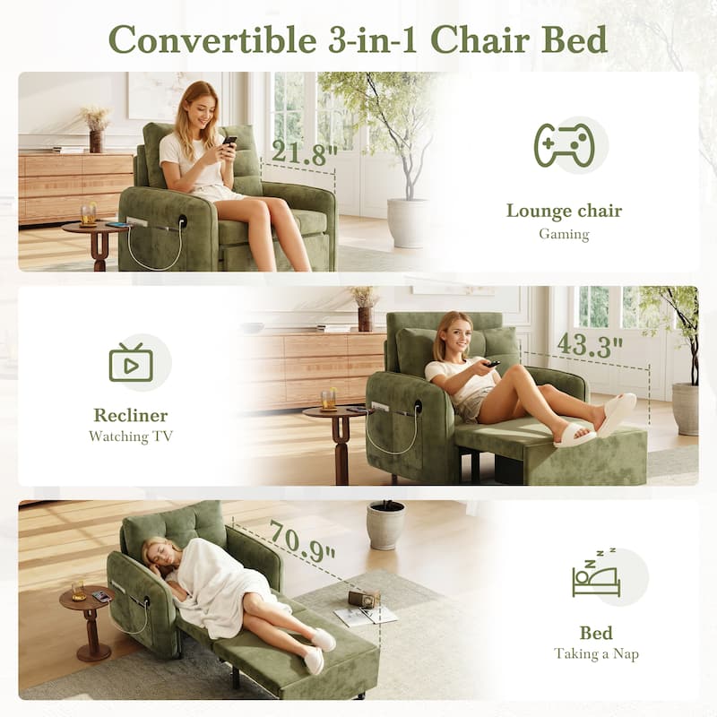 Convertible 3-in-1 Chair Bed Extra Long Pull Out Sleeper Lounge with USB Charging, Pockets, Tufted Design Chenille Single Sofa