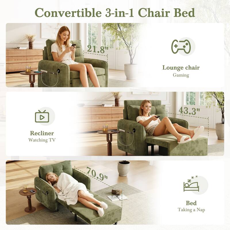 Roomfitters 3-in-1 Sleeper Chair Bed, 80'' Pull Out Lounge with USB Charging, Storage Pockets, Chenille