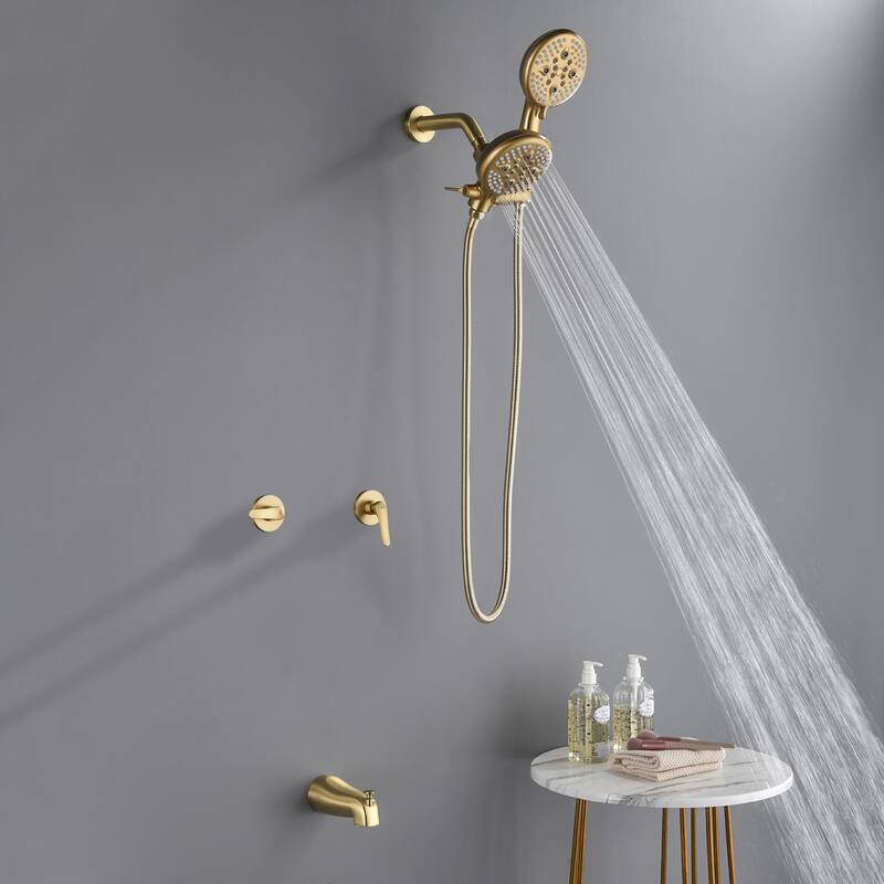 Modland 2-Handle Tub and Shower Faucet Set Dual Head 5-Setting Brass Valve Kit with Lift-Rod Spout - Brushed Gold