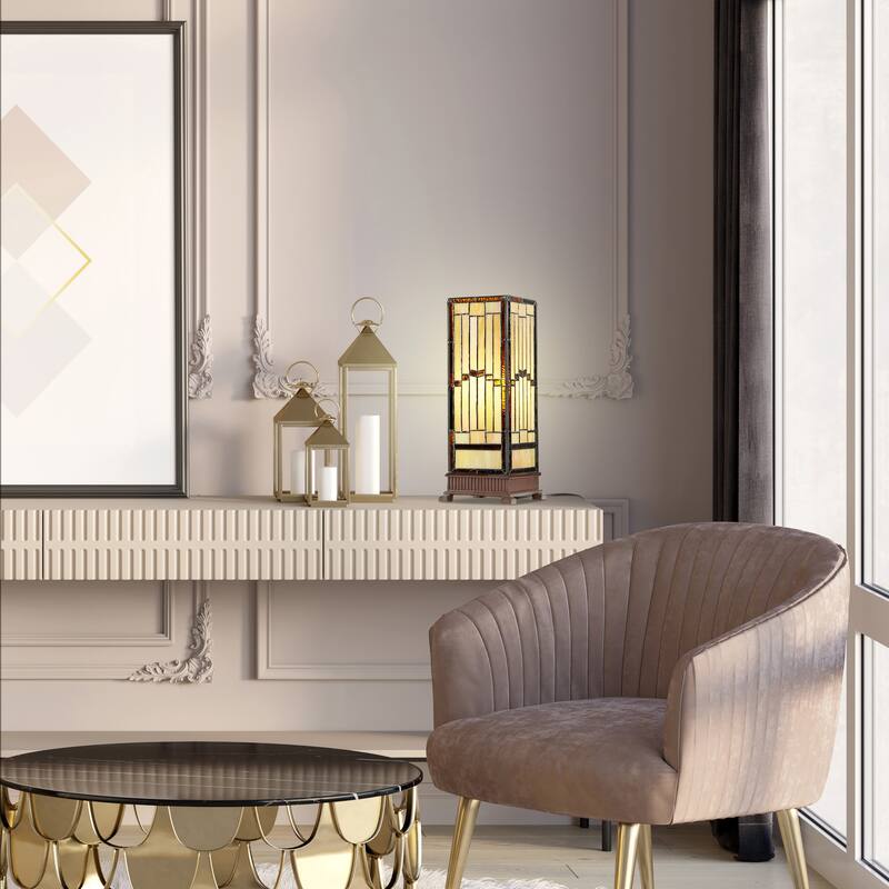 The Curated Nomad Wexler Stained-glass Rustic 17-inch Hurricane Lamp - 6.75"L x 6.75"W x 17.25"H