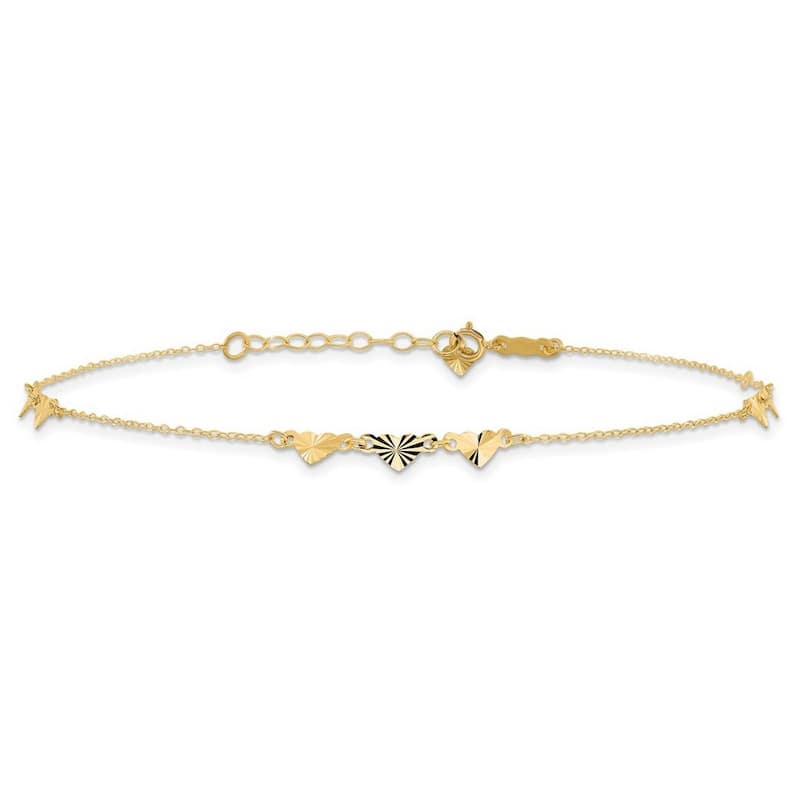 Curata 14k Yellow Gold 9+1" Diamond-cut Triple Heart Station Anklet