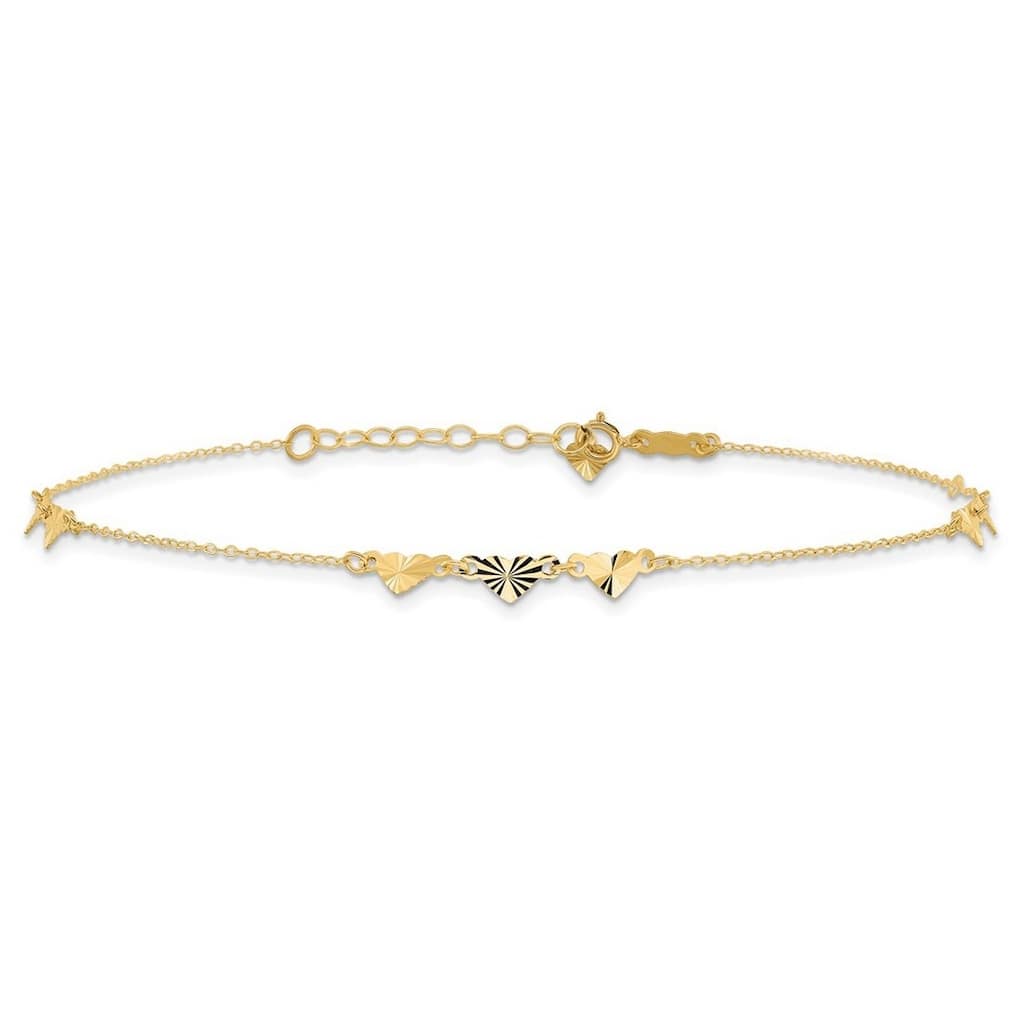 Curata 14k Yellow Gold 9+1" Diamond-cut Triple Heart Station Anklet (Spring-ring)
