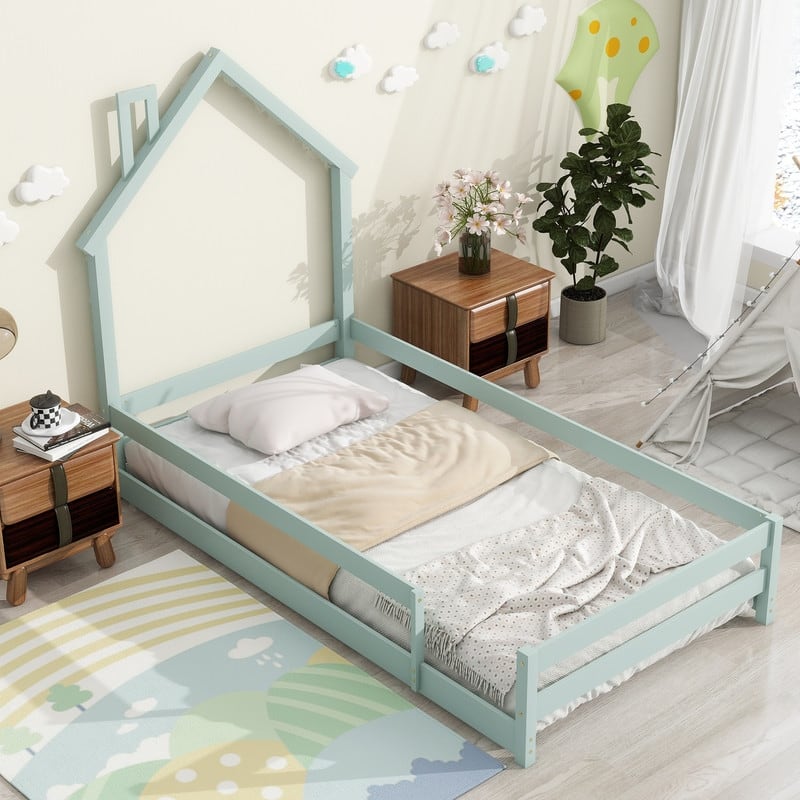 Twin Size Wood Bed Frame with House-shaped Headboard Floor bed with Fences