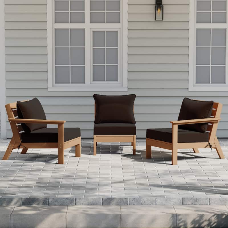 Polytrends Birchwood All Weather HDPE Outdoor Patio Deep Seating Teak Sofa With Cushions (3-Piece) - Teak/Brown