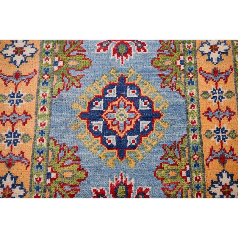 Blue Geometric Kazak Accent Rug Handmade Traditional Wool Carpet - 2'0" x 2'11"
