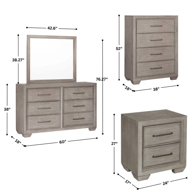 Roundhill Furniture Ennesley Gray Wood Bedroom Set with Upholstered Panel Bed, Dresser, Mirror, 2 Nightstand, and Chest