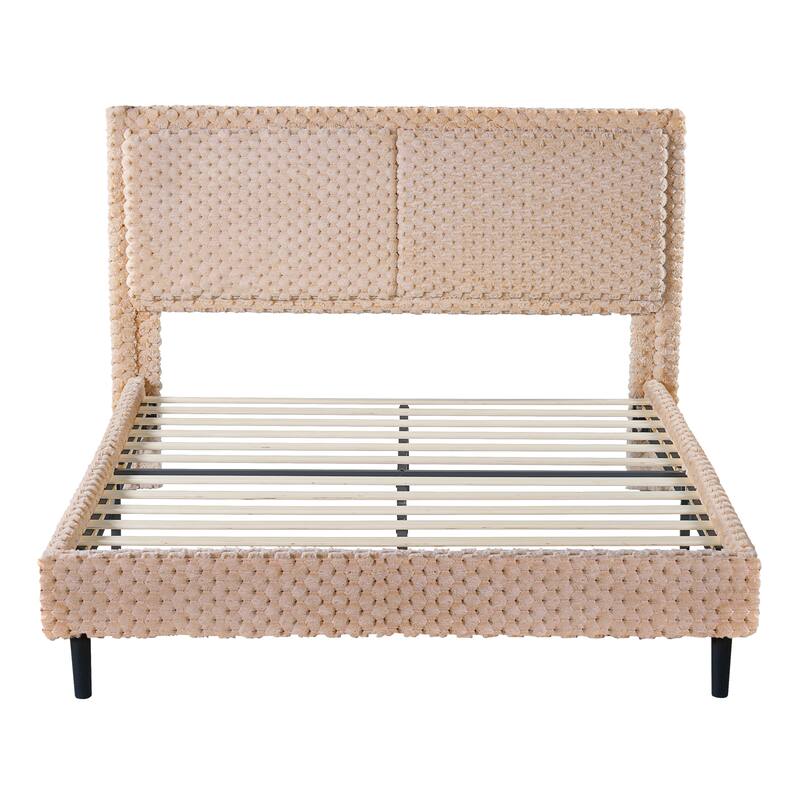 Upholstered Queen Bed with Plush Fabric and Padded Backrest Solid Wood Frame