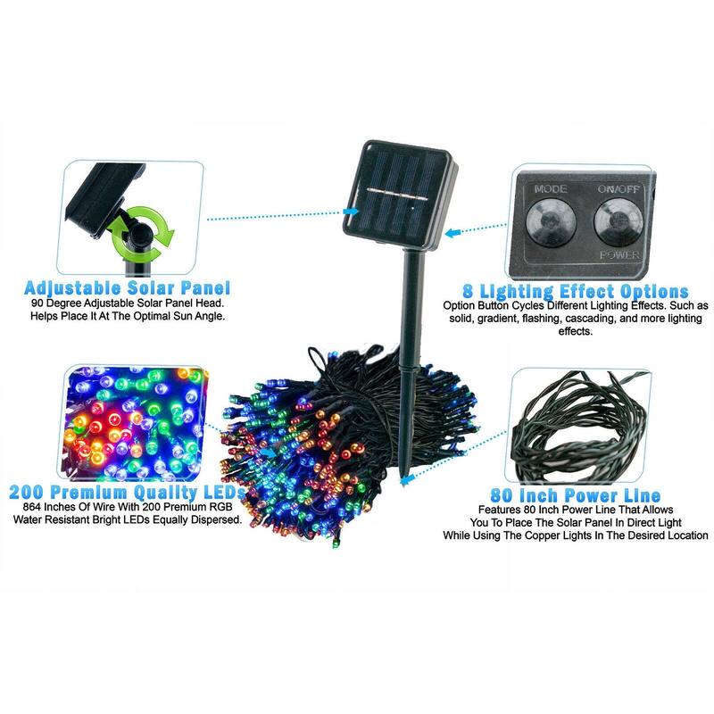 Solar Christmas String Multicolor RGB Lights Outdoor 72ft 200 LED 8 Modes Fairy