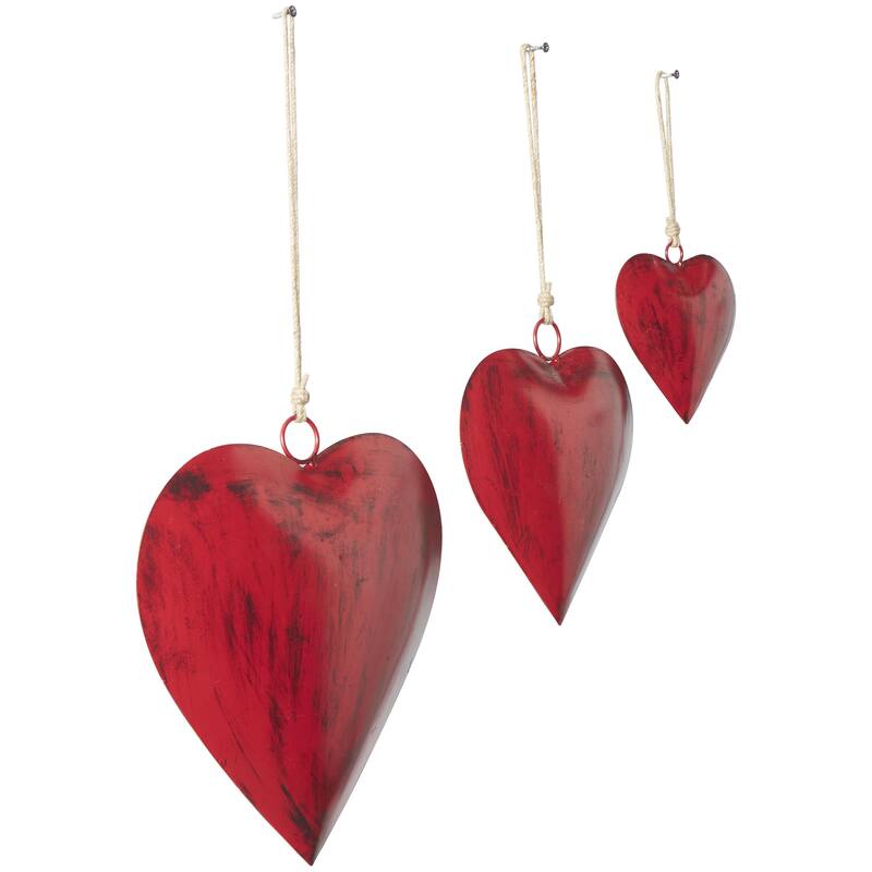 Metal Heart Tibetan Inspired Decorative Bells with Jute Hanging Rope - Set of 3 Red, Silver or Gold - Roche River Decor