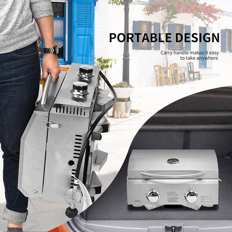 Portable Gas Grill with 2 Burner Folding Legs Built in Thermometer