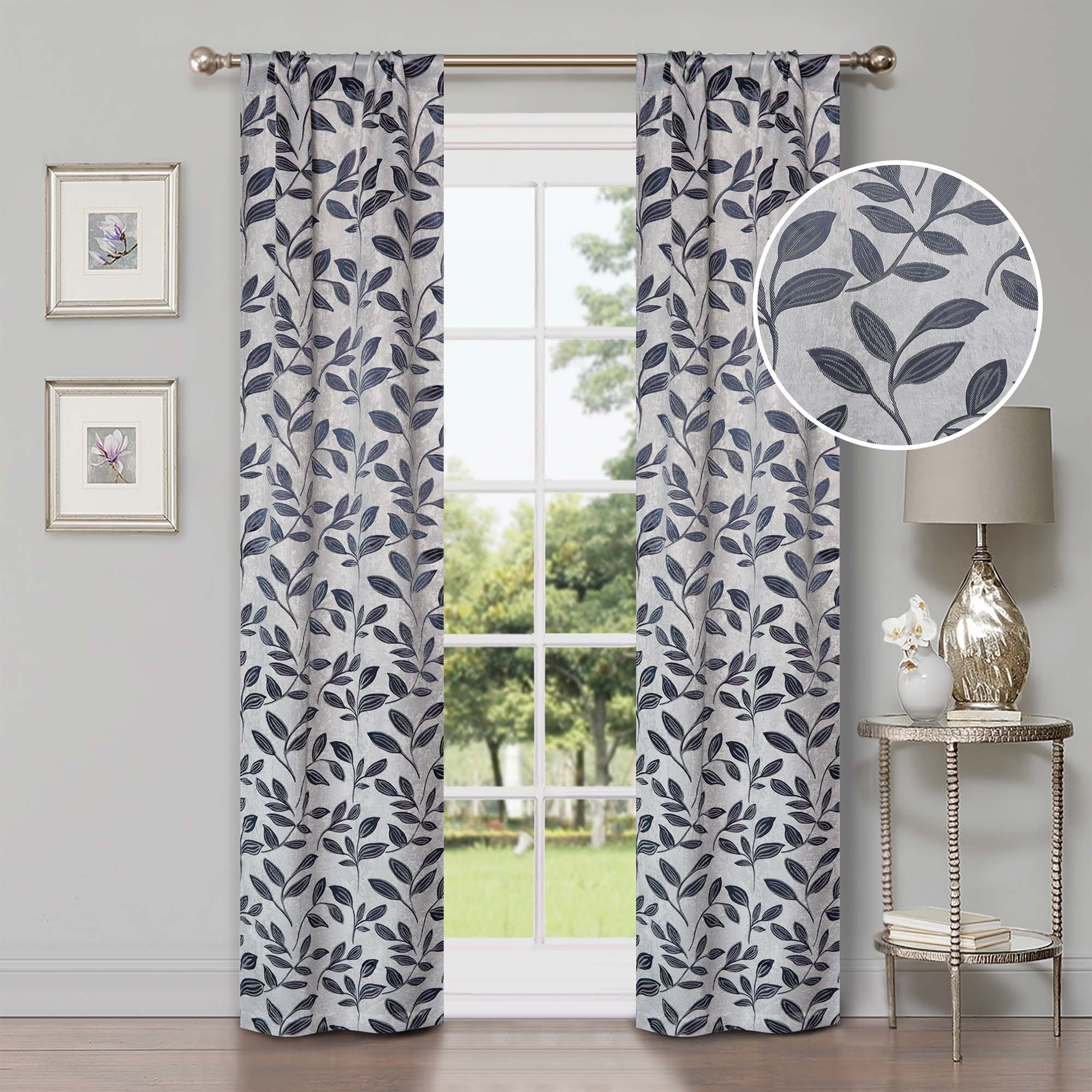 Superior Leaves Machine Washable Room Darkening Rod Pocket Blackout Curtains, Set of 2