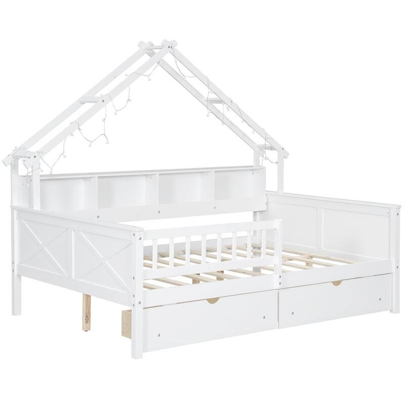 Full Size House Platform Bed with LED Light, 2 Drawers & Storage Shelves, Wooden House-Shaped Daybed Sofa Bedframe w/ Guardrail