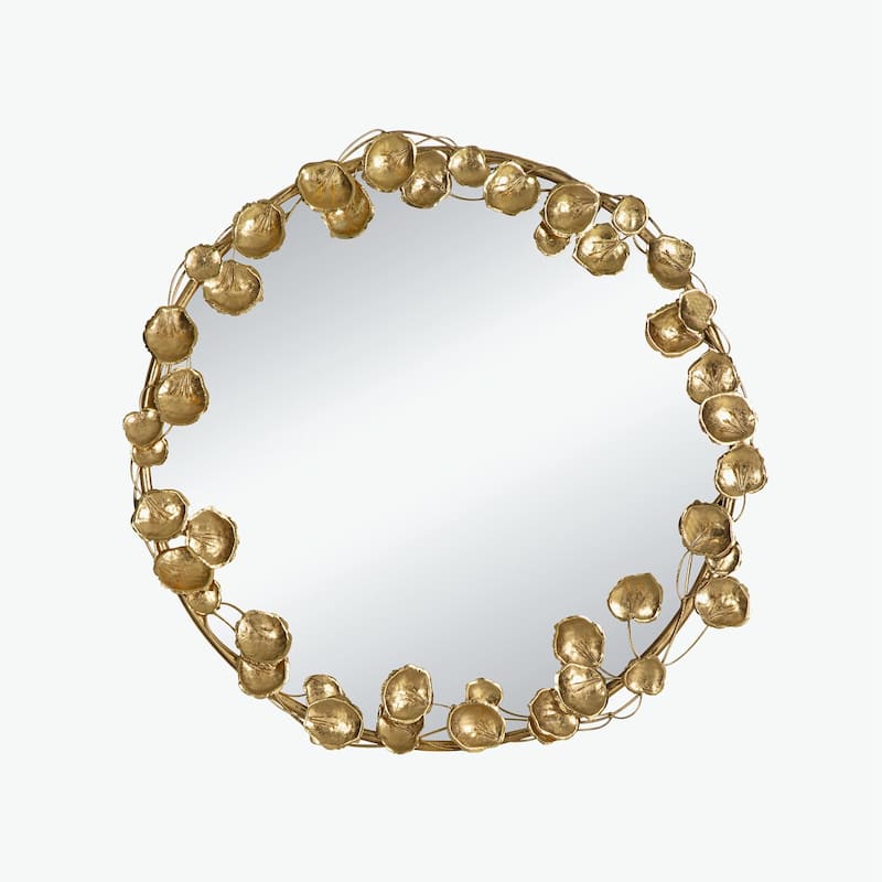35" Round Metal Wall Mirror with Golden Leaf Accents