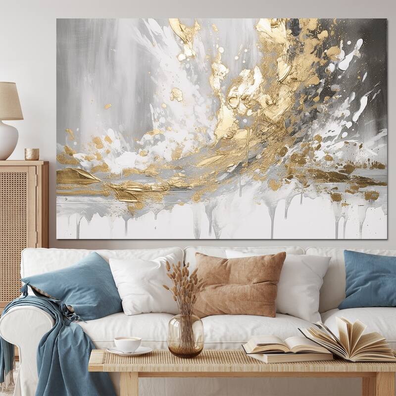 Designart "Gold and White Colliding Abstract" Abstract Painting Canvas Wall Art