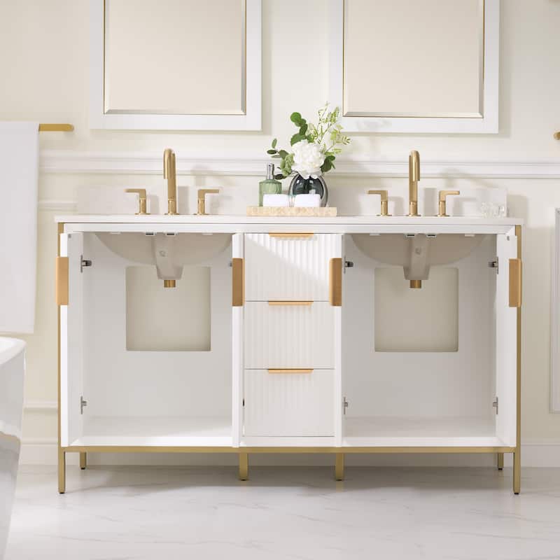 35''H Solid Wood Bathroom Vanity With Carrera White Quartz Top and Sink,White