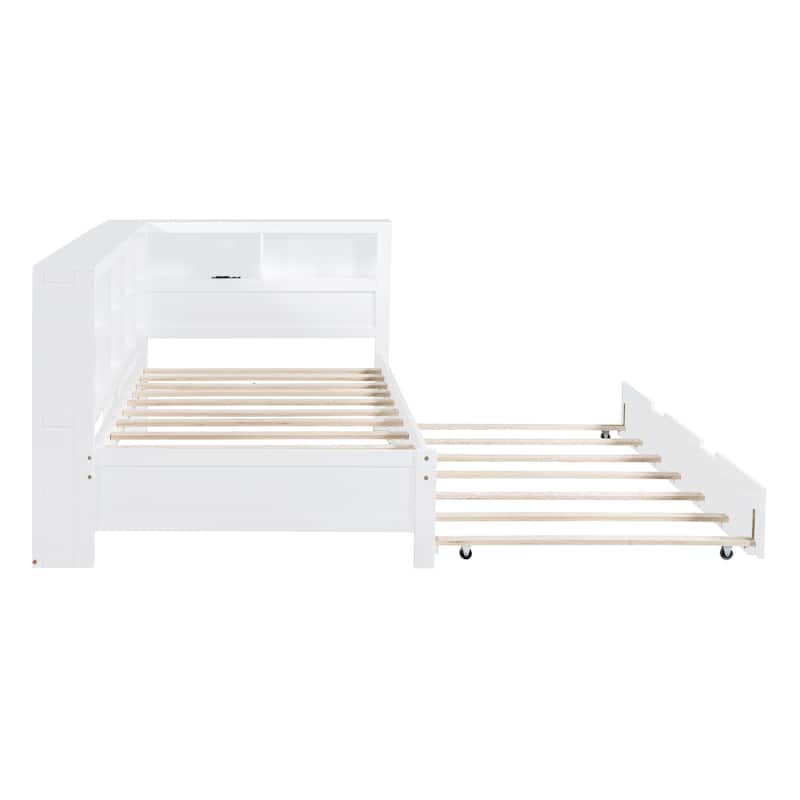 Wood Twin/Full Size DayBed with Twin Trundle, Storage Shelf and USB Charging Ports