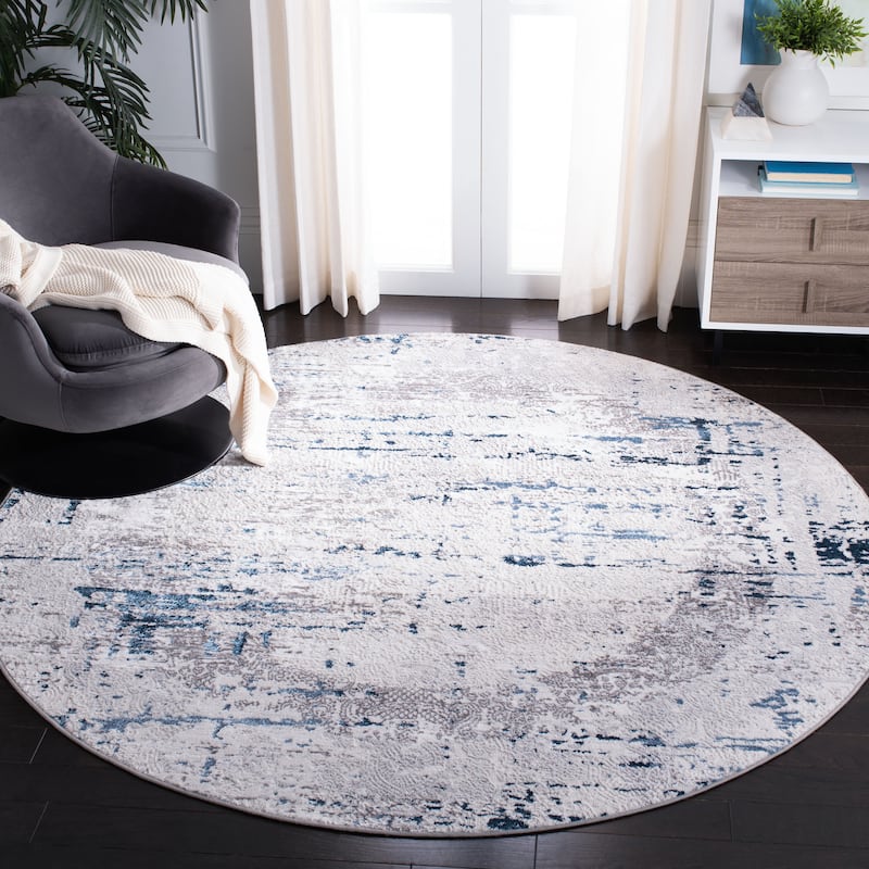 SAFAVIEH Amelia Afaf Abstract Distressed Rug - 6'7" Round - Grey/Blue