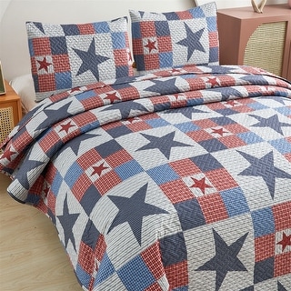 Patriotic Quilt Set Americana Stars and Plaid Patchwork Coverlet with 2 ...