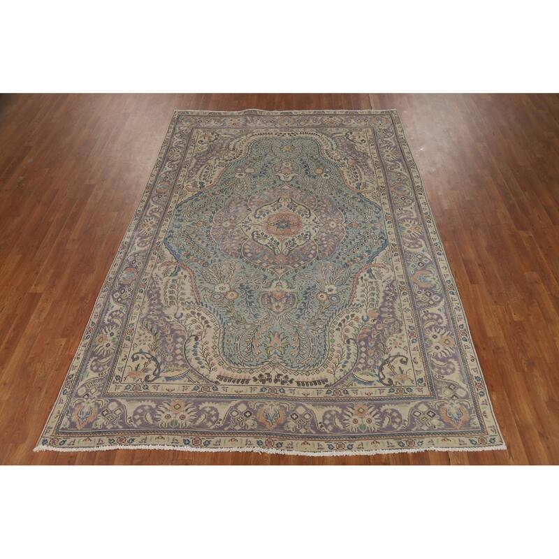 Flora Blue Tabriz Persian Area Rug Traditional Handmade Wool Carpet - 6'6"x 9'5"