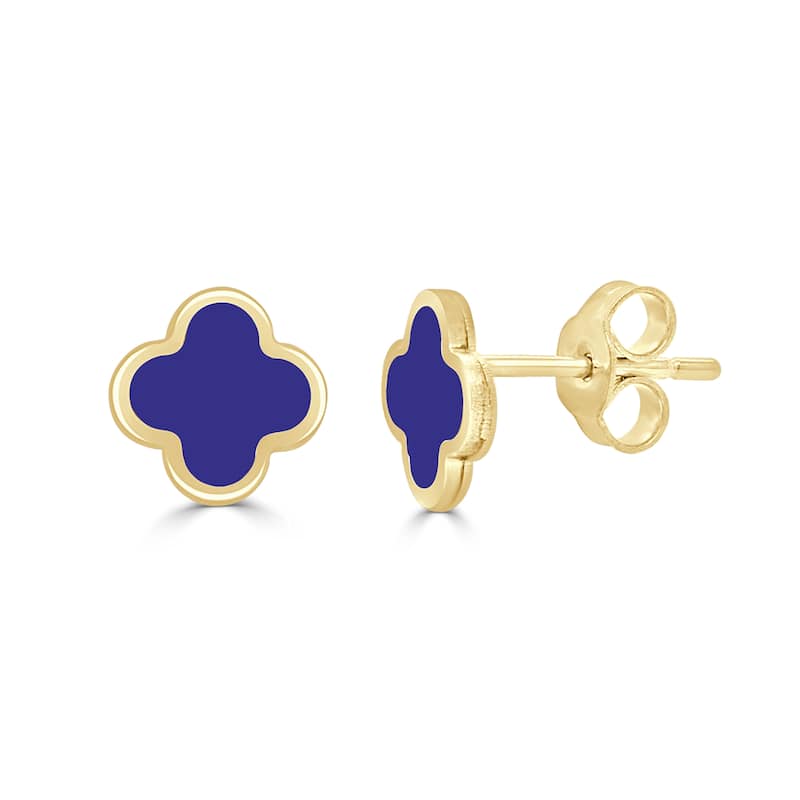 Italian Gold 14K Yellow Gold Small Clover Stud Earrings - Made in Italy - Clover Size 7mm - Lapis