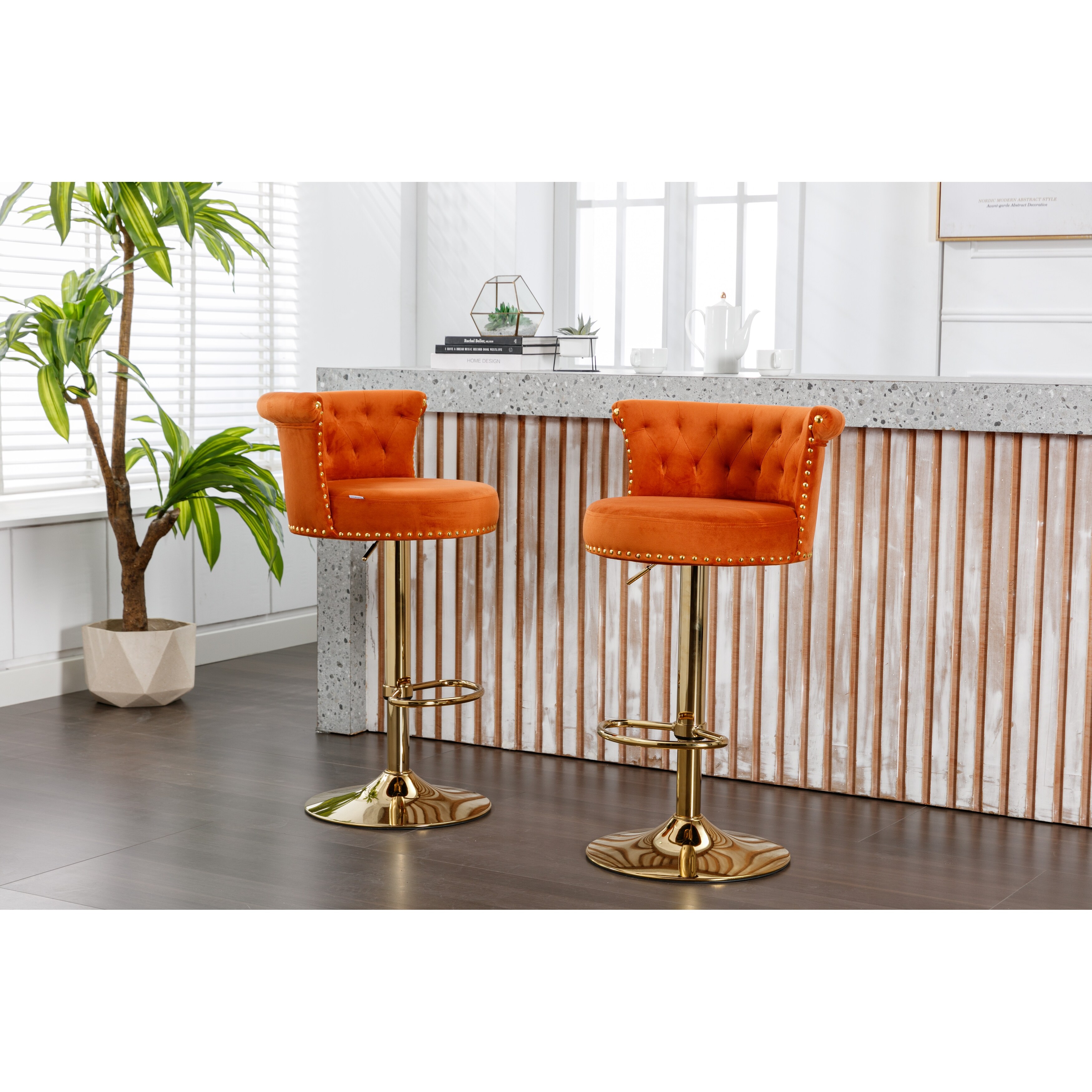 2pcs Orange Bar Stools Swivel Dining Chair Counter Stool with
