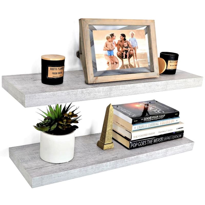 Designer 24" Floating Wall Shelves, Large Wooden Rack Set of 2 - Grey