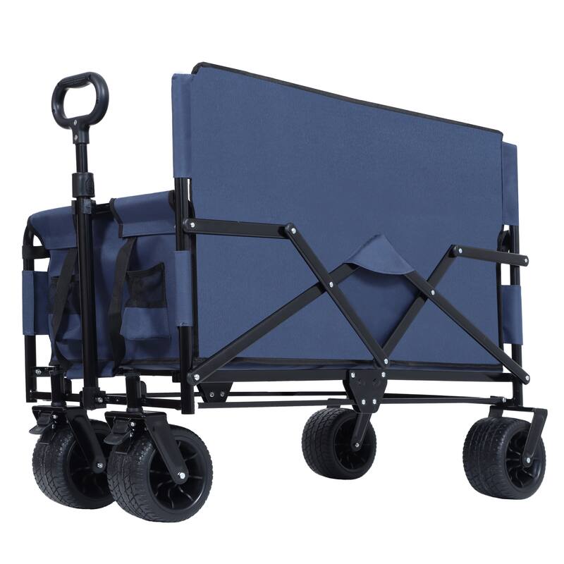 3-in-1 Convertible Folding Wagon with Bench Seat & Rear Tabletop - 500lb Heavy-Duty, 180L All-Terrain Cart, Dark Blue