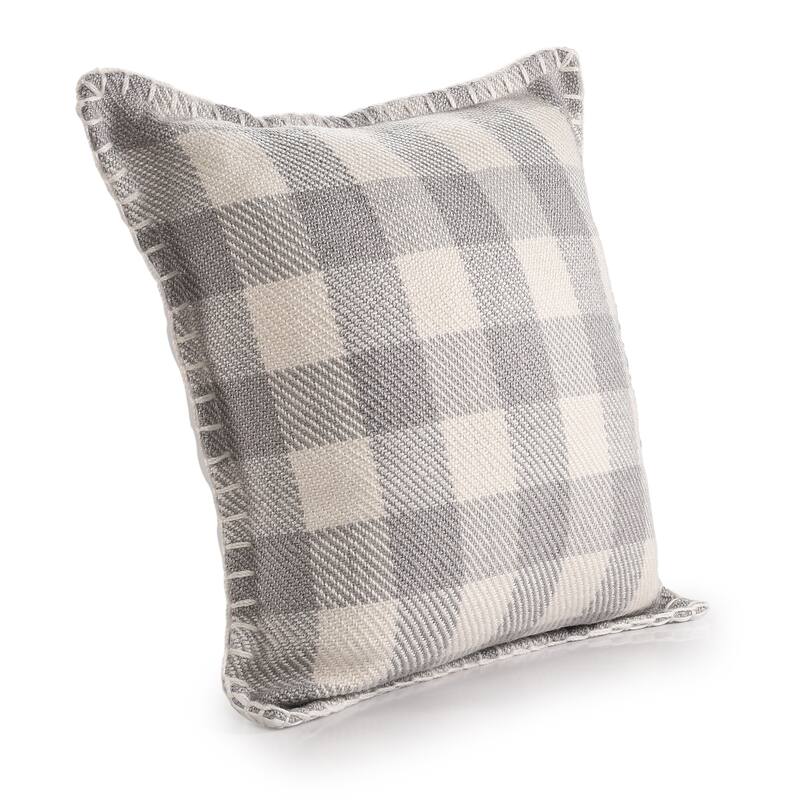 Sevita Hand-Woven Light Gray/Ivory Plaid Polyester Indoor/Outdoor Throw Pillow