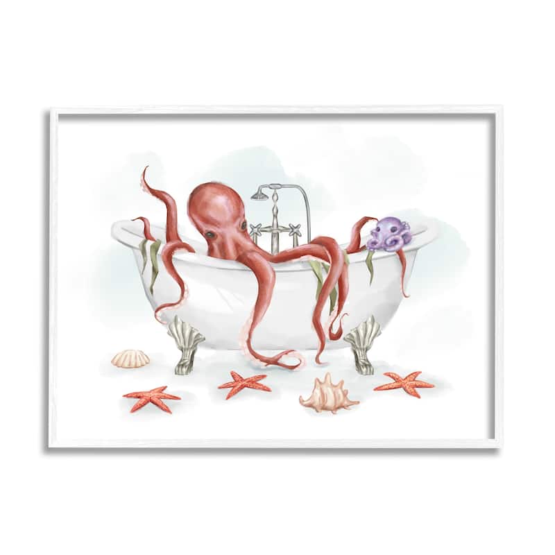 Stupell Red Octopus Nautical Claw Bath Sea Shells Framed Wall Art