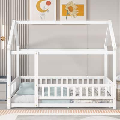Twin Size House Frame Floor Bed with Fence Guardrails, Wooden Platform Bed