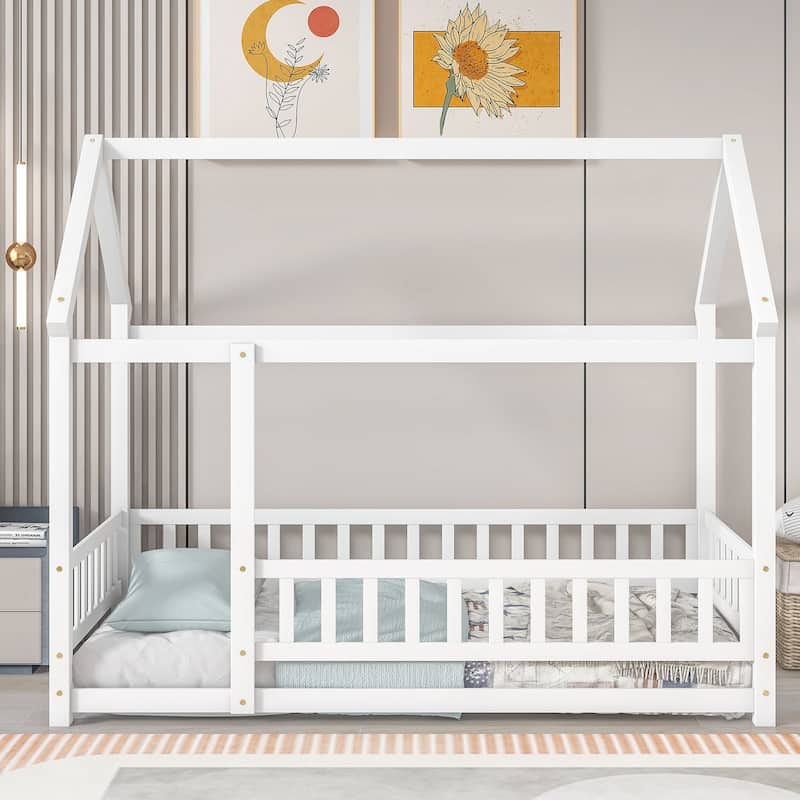 Wooden Floor Bed with House Roof & Guardrails