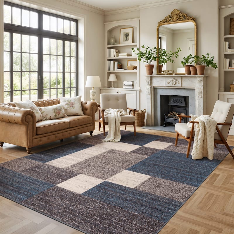 World Rug Gallery Modern Boxes Design Non-slip (Non-skid) Area Rug - 7'10" x 10' - Blue