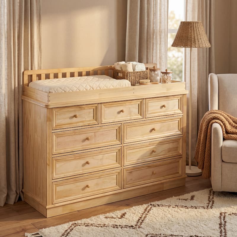 Solid Pine Wood Baby Changing Table Dresser with 9 Drawers – Natural Finish Nursery Dresser with Removable Changing Topper