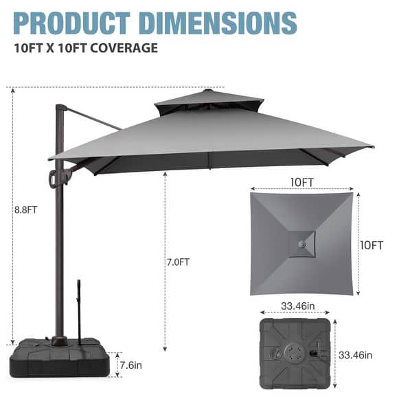 dimension image slide 1 of 5, VredHom Double Top 10x10 FT Square Patio Cantilever Umbrella with Rod Wheel Base