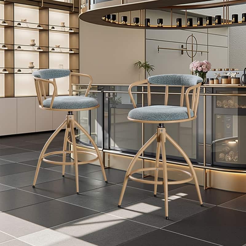 Blue Snow Linen Fabric Swivel Bar Stool with Wooden Legs - N/A