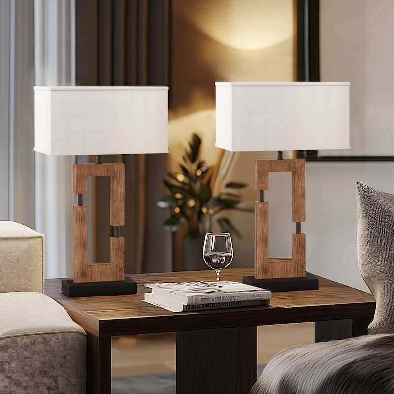 USB Wood Table Lamp With Cotton Shade Set of 2