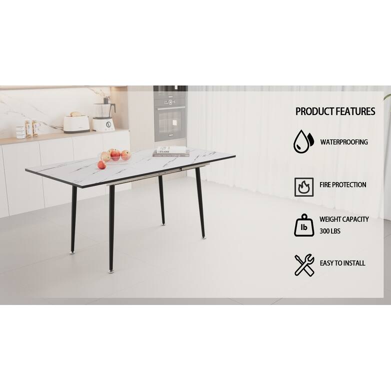 Square marble patterned dining table, modern industrial kitchen and dining table, equipped with tapered black metal legs